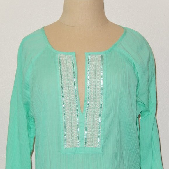 Athleta Swim Cover Tunic XS Mariana Tiffany Blue Green White Sequin - Picture 3 of 8